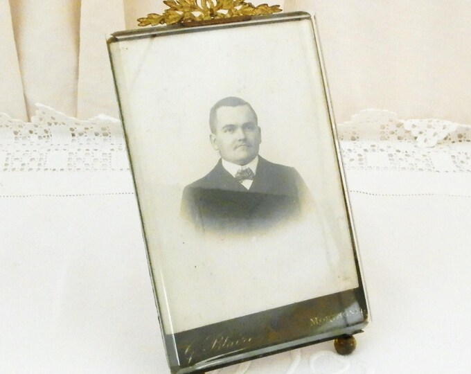 Antique French Beveled Glass Picture Frame Embossed Metal Ribbon Surround with Original Photograph, Napoleon 3 Thick Glass Portrait Frame Antique French Beveled Glass Picture Frame Embossed Metal Ribbon Surround with Original Photograph, Napoleon 3 Thick Glass Portrait Frame