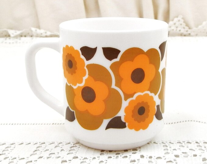 2 Vintage Arcopal Mid Century French White Milk Glass with Orange, Red and Green Retro Flower Pattern Coffee Mugs, Pair 1960s / 1970s Cups