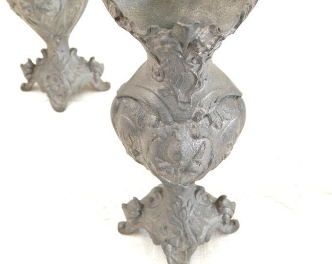 Pair Antique French Cast Metal Grey Ornate Vase, 2 Matching Decorated with Floral Pattern Vases from France, Boudoir Brocante Decor