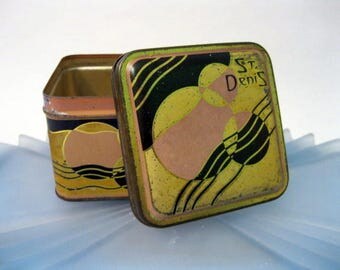 1930's Art Deco Metal Powder Box, Ruth St. Denis, "Fleurs de Jasmin", Gold, Black, and Pink