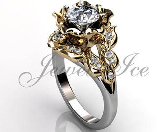 leaves flower engagement ring 14k white and yellow gold diamond leaf flower engagement ring - Flower Wedding Ring leaves flower engagement ring 14k white and yellow gold diamond leaf flower engagement ring - Flower Wedding Ring