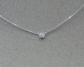 Floating Diamond Necklace/ Dainty Solitaire Necklace 14k White Gold/ Diamond Bezel Necklace/ Gold Diamond Solitaire Necklace/ Delicate Neckl