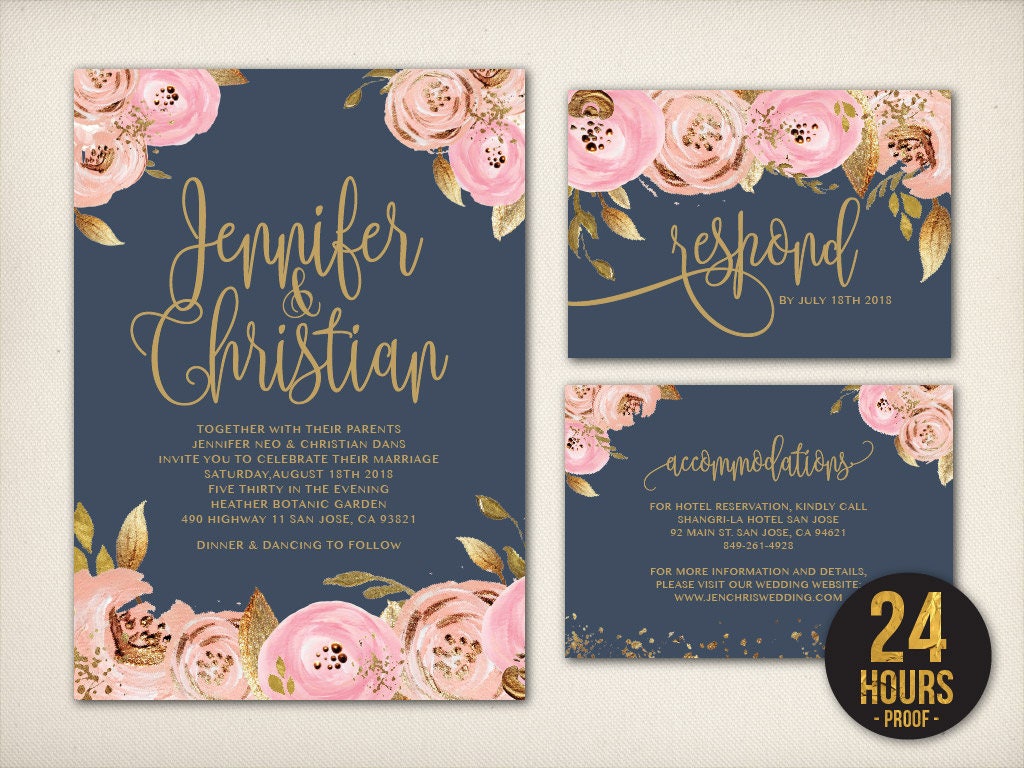 wedding invitation navy blush gold invitation blush gold foil