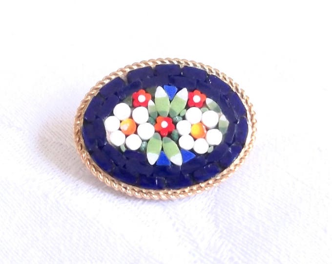 Vintage Micromosaic Brooch, Cobalt Blue Floral Micromosaic Pin, Italy