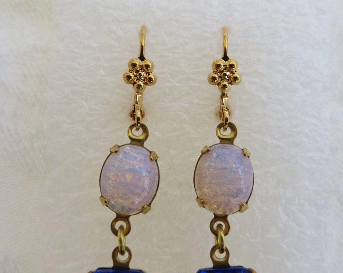 Czech Opal Earrings, Cobalt Glass Dangle, Vintage Opal Drop Earrings, Pierced Ears, Something Blue