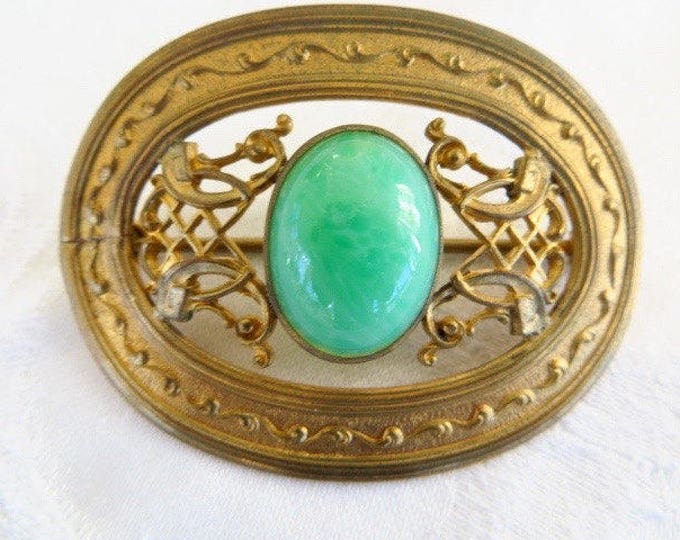 Art Nouveau Brooch, Peking Glass Center Stone, Filigree Work, Antique Sash Pin