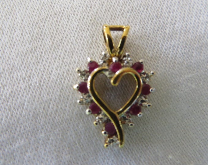 Vintage Sterling Heart Pendant, Diamond and Ruby Stones, Anniversary Gift