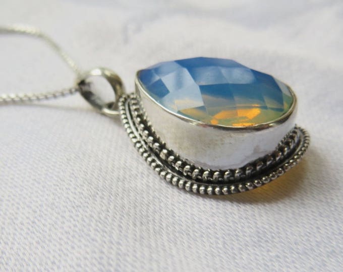 Sterling Opalite Necklace, Teardrop Shape, Stunning 6 CT Faceted Stone, Sterling 20" Chain