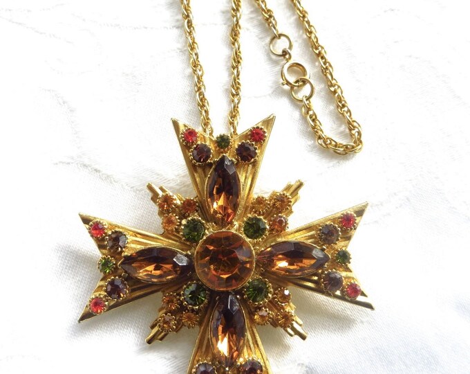 Maltese Cross Brooch, Maltese Cross Pendant, 28 inch Chain, Vintage Heraldic Jewelry