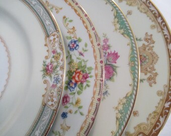 Vintage Shabby Mismatched China Salad Plates, Cottage Chic,Wedding,Tea Party,Bridal Luncheon,Showers,Hostess Gift,Bridesmaid Gift - Set of 4