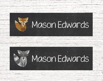 80 Skinny Personalized Waterproof Labels Dishwasher Safe Daycare or School Name Stickers Baby Bottle Labels - Fox Raccoon 001