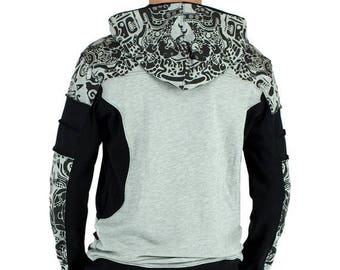 ON SALE Hooded tribal sweater for mens, psychedelic tattoo print, Maori design, psywear clothes, alternative fashion, Inca jungle spirit pri
