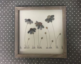 Pebble Art Flower Picture; ideal & unique gift for retirement, Mum or friend; everlasting bespoke unique gift made to order