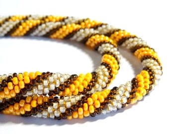 Necklace crochet spiral silver-orange seed beads (003)