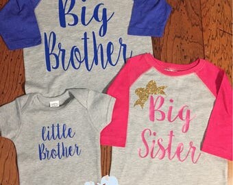 Big brother big sister little brother matching sibling raglans baseball shirts with name on the back & number on back pregnancy announcement