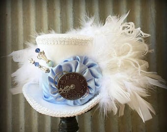 ON SALE Mini top Hat, Baby Blue and White Mini Top Hat, White Rabbit, Alice in Wonderland Hat, Mad Hatter Hat, Steampunk Mini Top Hat, Kentu