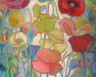 Poppies, Les Coquelicots Variation 2, ©Jeannine Edelblut, 24"x33" original organic oil painting on stretched canvas