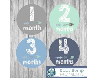 Milestone Stickers, Month Stickers Boy, First Year Stickers, Monthly Baby Stickers, Tribal Arrow, Blue Gray Mint Green