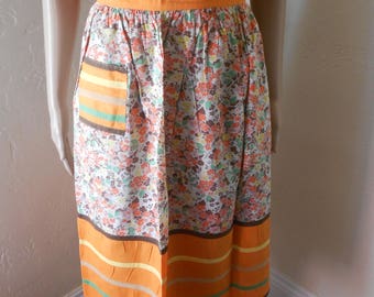 Vintage Half Apron, Bold Orange Stripe & Floral Print Apron
