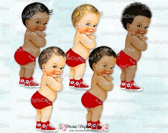 Little Prince Red Sneakers | Vintage Baby Boy | 3 Skin Tones | Clipart Instant Download