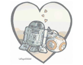 Star Wars cross stitch pattern, R2D2 BB8 love, modern cross stitch pattern, PDF instant download PDF