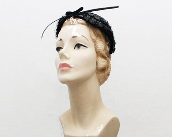 40s Black Woven Raffia Casque Hat - Deadstock Vintage 1940s Ladies Formal Feather Hat