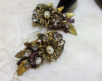 Vintage Miriam Haskell Baroque Pearl and Rhinestone Floral Earrings