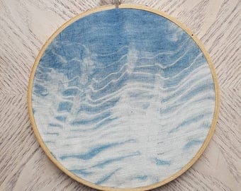 Indigo wave hand-dyed shibori embroidery hoop art, home decor, wall art