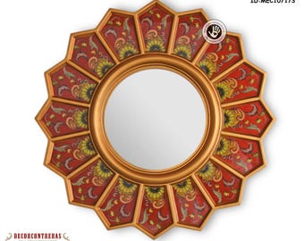 Round Sunburst Mirror 'Red sunflower' - Small Decorative Wall Mirrors- Reverse Handpainted glass -Preuvian Handicrafts - Interior Decoration
