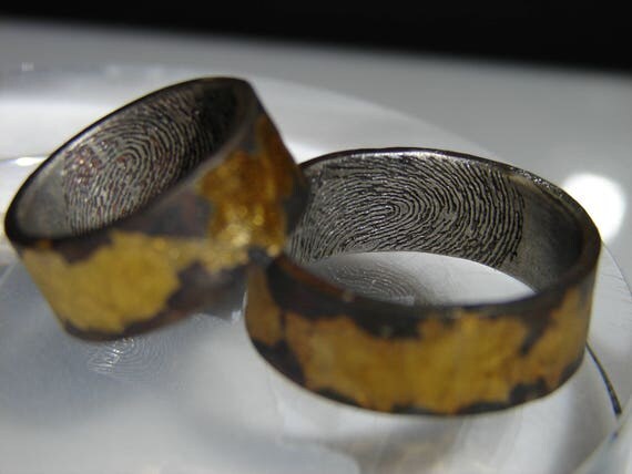Fingerprint ring. Sterling silver with pure 24k yellow gold infused. Wedding ring, Commitment ring, or Memorial ring.