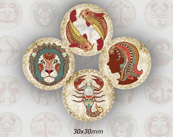 (TR0009 - 30mm) Astrological signs cabochons, round 30 mm images