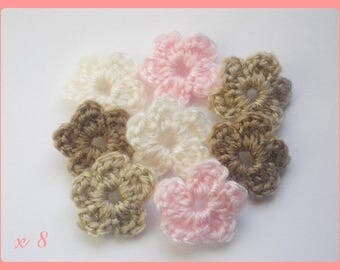 Lot 8 flowers applique crochet pink / Brown / ECRU 2.5 cm wool