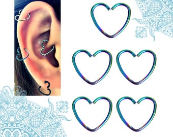 Heart Piercing Rings, 16G Stainless Steel Heart Ring Piercing, 5pc Colorized Nose Ring Tragus Earring Helix Nose Hoop Tragus Daith Septum
