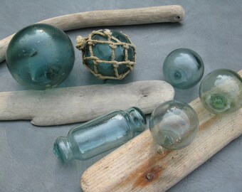 6 Japanese Glass Floats, Blue Green, Glass, Antique,Nautical, Beach Decor, Home and Garden, Beach Cottage Decor, Sea, Ocean, Glass Float