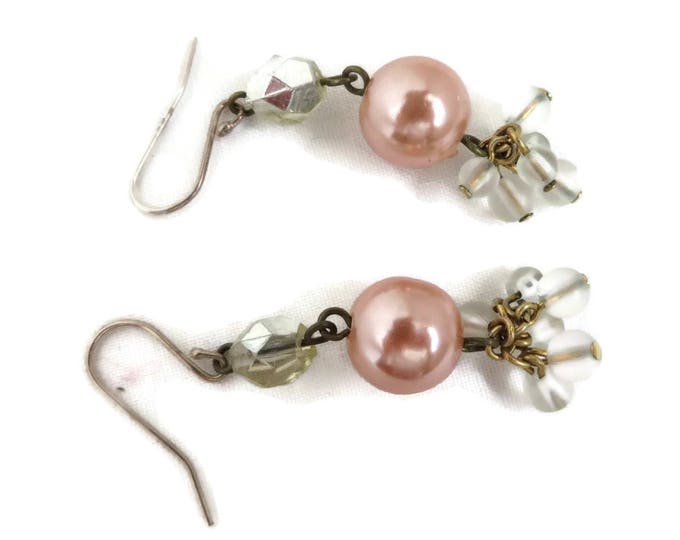 Pink Pearl Earrings, Danging Faux Pearl Earrings, Clear Bead Dangles, Vintage Pierced Earrings