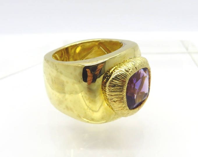 Amethyst Ring - Vintage Gold Plated Sterling Silver Chunky Wide Band Ring, February Birthstone, Size 8, Gift for Her