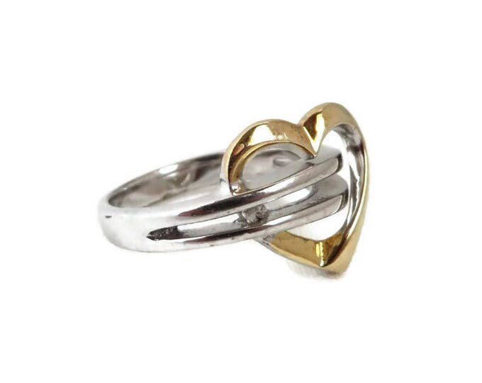 Sterling Silver Heart Ring, Vintage Two Tone Silver Ring Size 6.75-7, Valentine's Day Gift