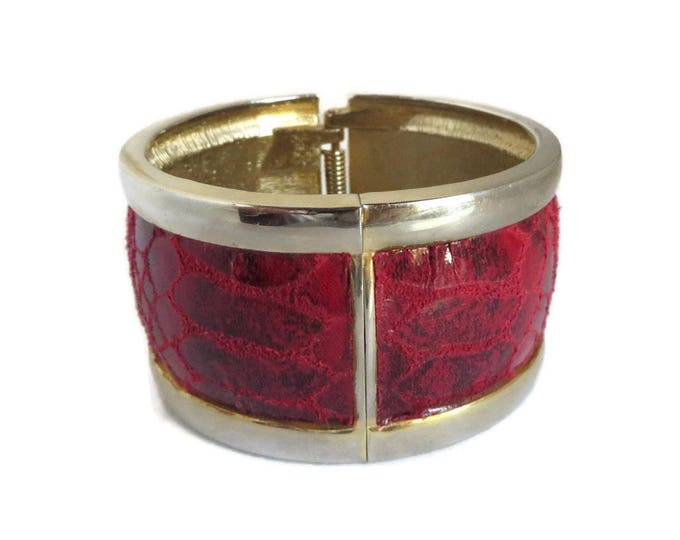 Vintage Clamper Bracelet - Faux Snakeskin Bracelet, Chunky Red Bracelet, Wide Cuff Clamper Bangle