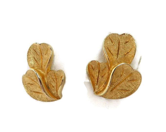 Francois Coro Earrings - Vintage Brushed Gold Tone Leaf Clip-on Earrings, Gift for Her