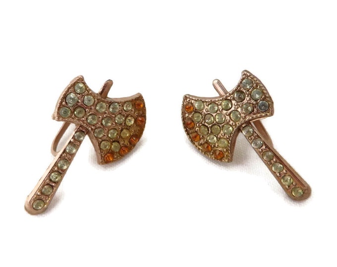 Vintage '50s Novelty Earrings, Copper Toned Rhinestone Tomahawk Screwback Earrings