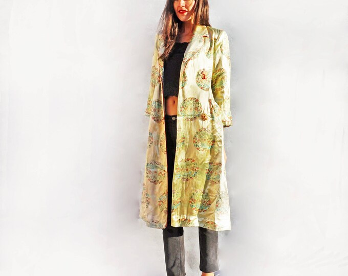Silk Duster Coat, Vintage Silk Kimono, Paisley Robe, Silk Evening Coat, Green Kimono, Asian Kimono, Evening Wraps, Evening Cape, Boho Coat