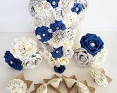 Paper Flower wedding bridal bouquet alternative vintage Dr who harry potter Brooch waterfall cascade teardrop blue book page silver