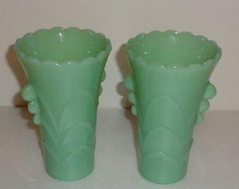 Anchor Hocking Green Jadeite Vases (2) Art Deco Style, Made in Ohio, Made in USA
