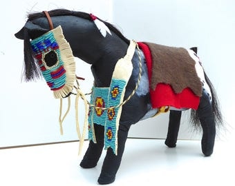 Native American Indian Plains style spirit horse Appaloosa pony model sculpture beaded tack mask breast collar buffalo leather southwestern