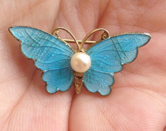 Enamel Butterfly Brooch, Cloisonne Butterfly Brooch, Blue Butterfly Brooch, Blue enamel Butterfly Pin, Blue Butterfly Pearl Pin, Enamel Pin