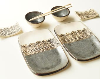 Sushi Serving Set, Sushi Plate, Rustic Sushi Set, Serving Sushi Tray, Ceramic Tableware, Serving Sushi, Ceramics and Pottery, Set for Two