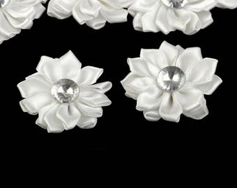 5 flowers in ivory satin Heart Rhinestone 55 mm