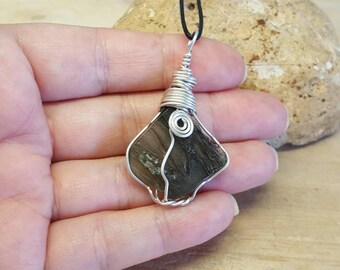 Large Raw Moldavite pendant. Sterling silver Reiki jewelry uk. Green Tektite Wire wrapped pendant