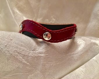 Black Leather Bracelet - Cuff/Wristband - Adjustable - Silver tone Studded - Cordovan Burgundy Leather Accent