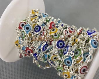 6mm Evil Eye Bead Chain Rosary Necklace,Silver Plated Evil Eye Rosary Chain,Wholesale Bead Rosary Chain,Silver Rosary Chain Supplies RC4765